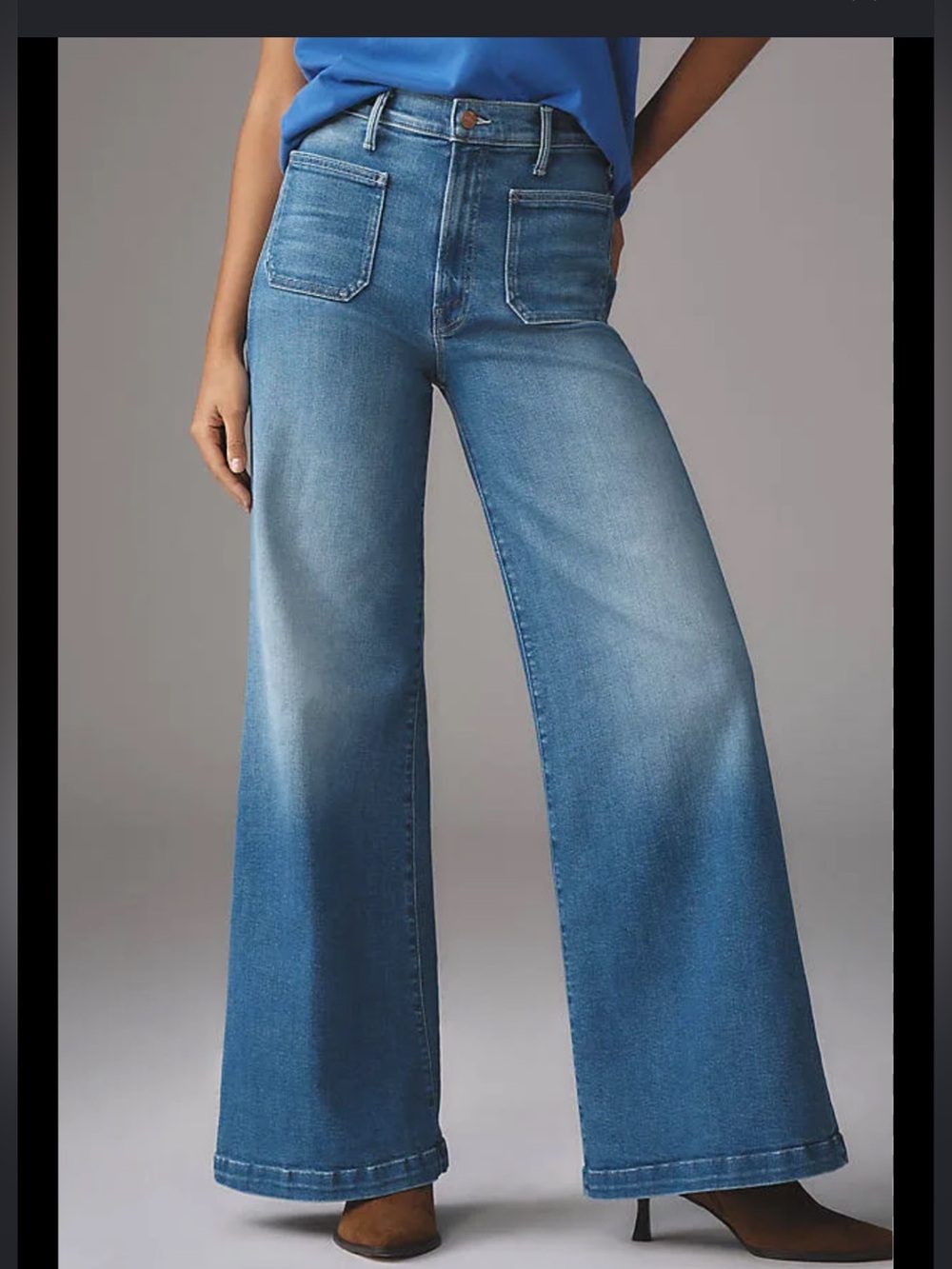 Mother Roller Patch Pocket Sneak Jeans Size 29 Wide Leg High Rise Light Wash